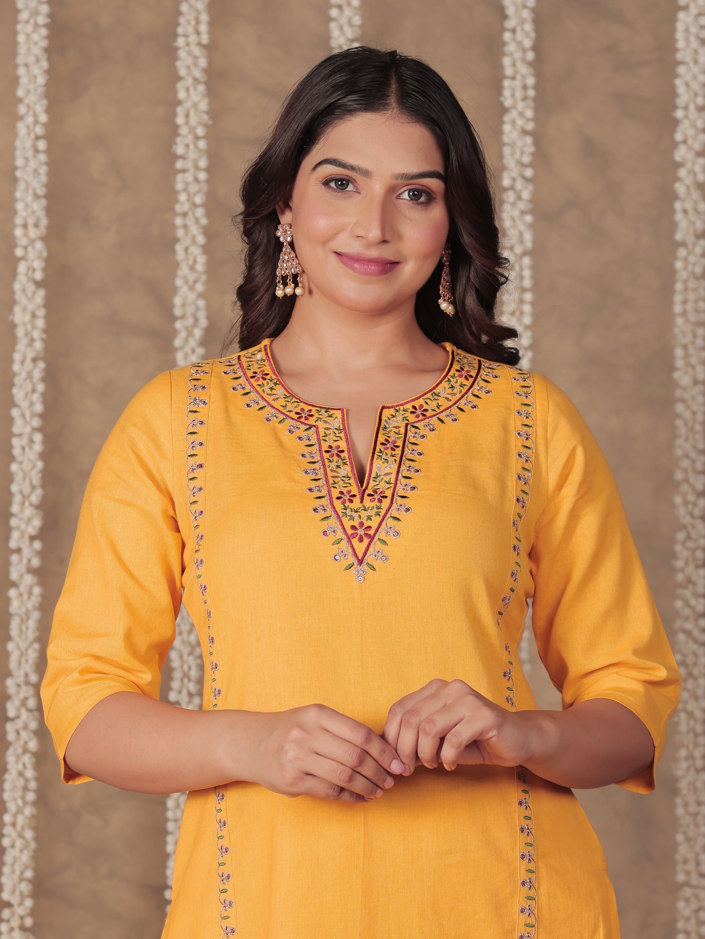 Linen Cotton Solid Straight Yellow Kurta