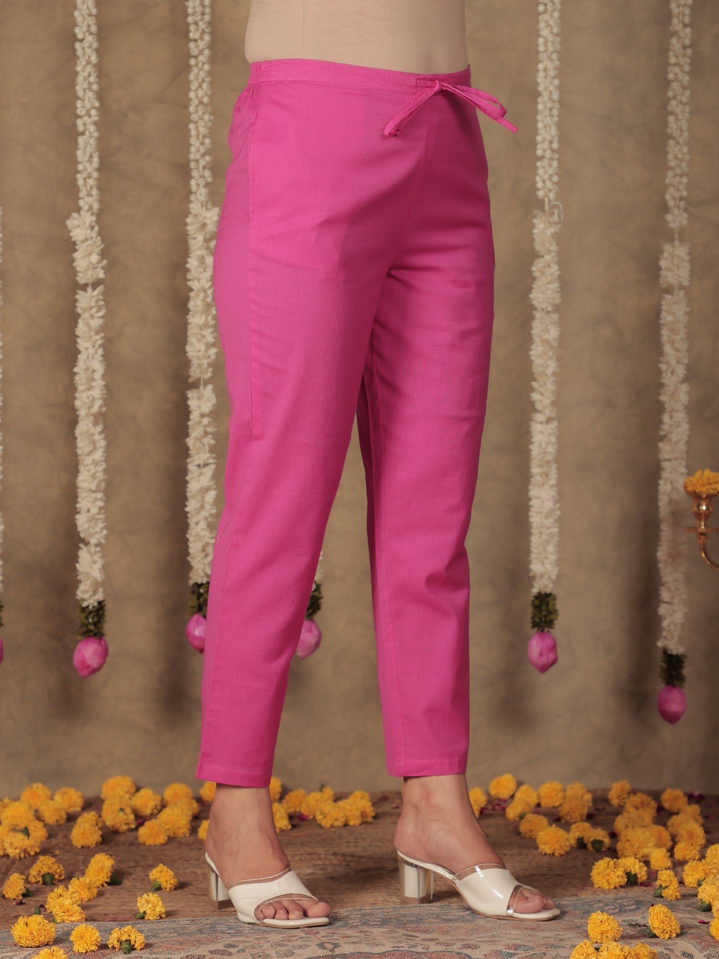 Linen Cotton Solid Pink Tapered Trousers