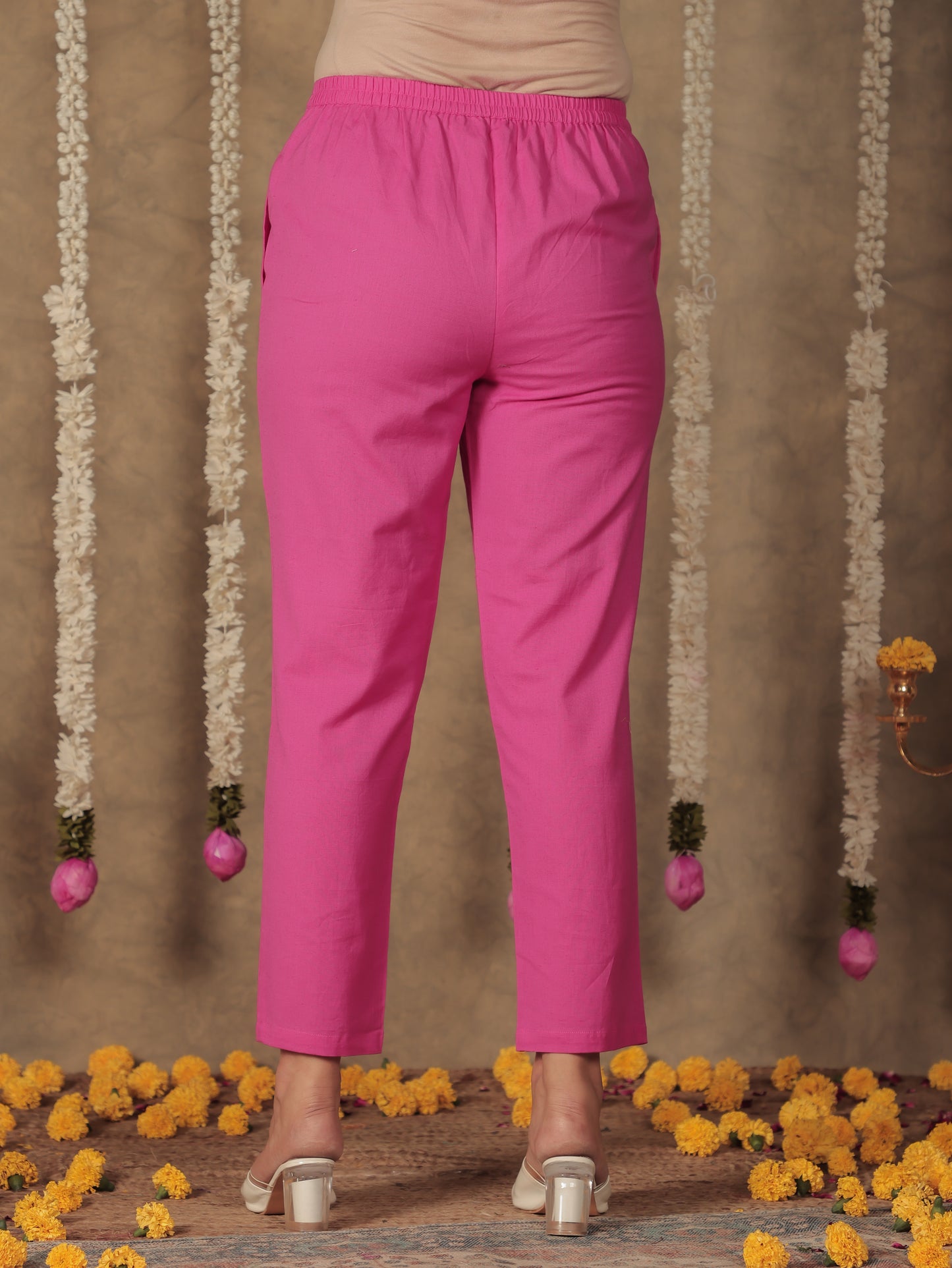 Linen Cotton Solid Pink Tapered Trousers