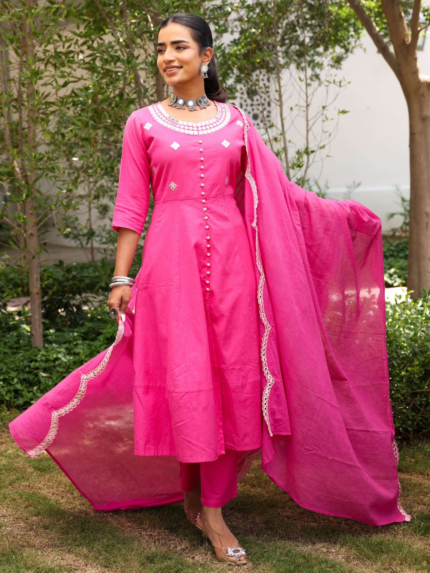 Embroidered Voile Cotton Solid Pink Dupatta