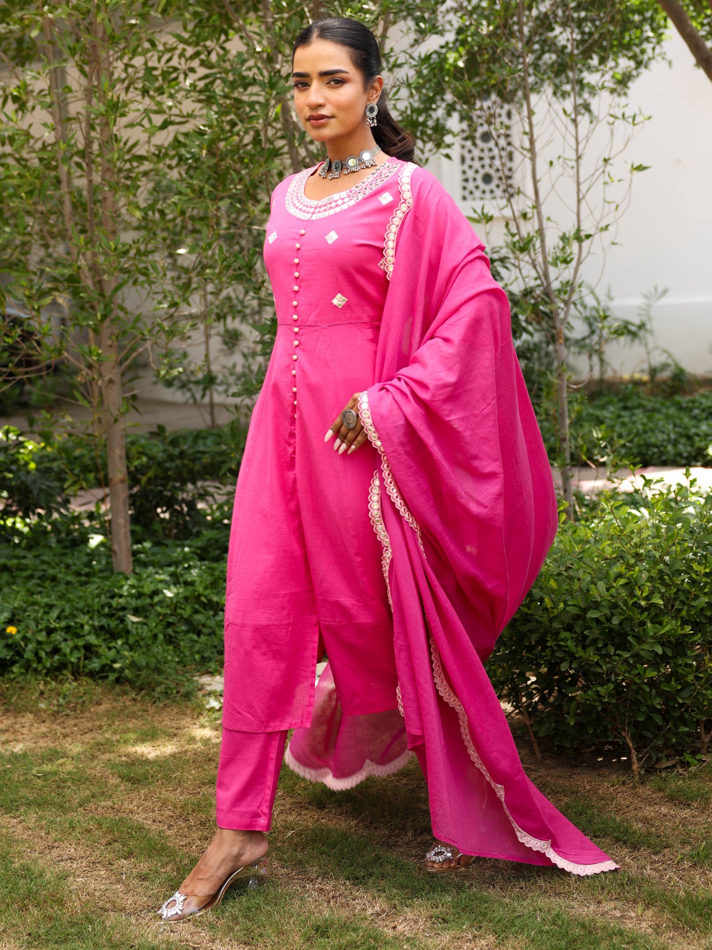 Embroidered Voile Cotton Solid Pink Dupatta