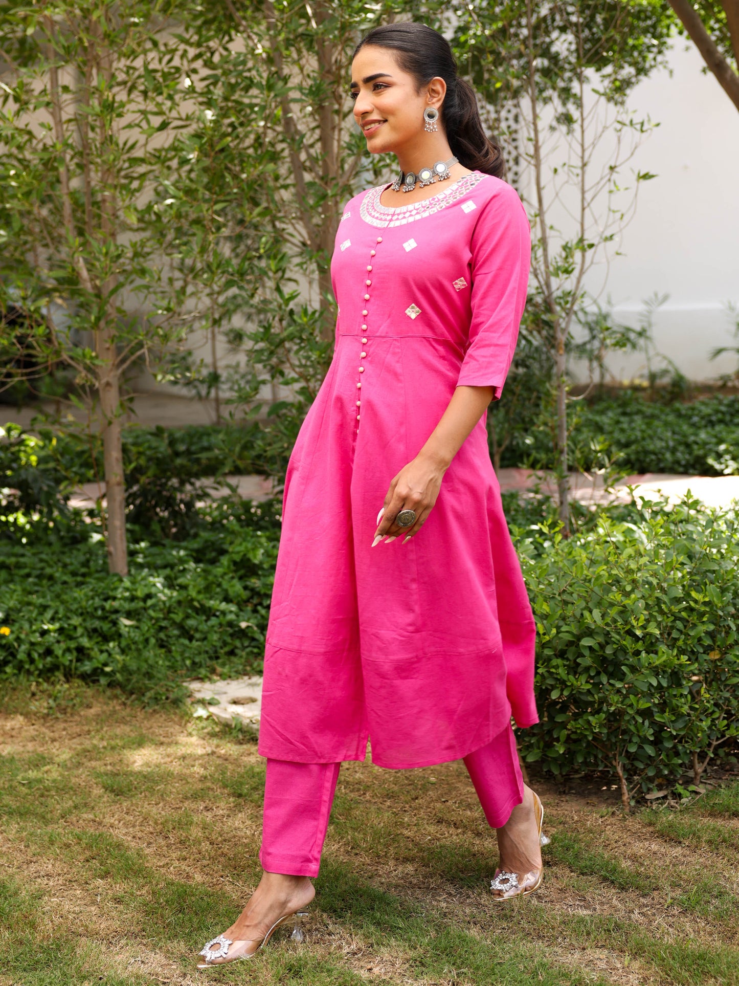 Linen Cotton Solid Anarkali Pink Kurta