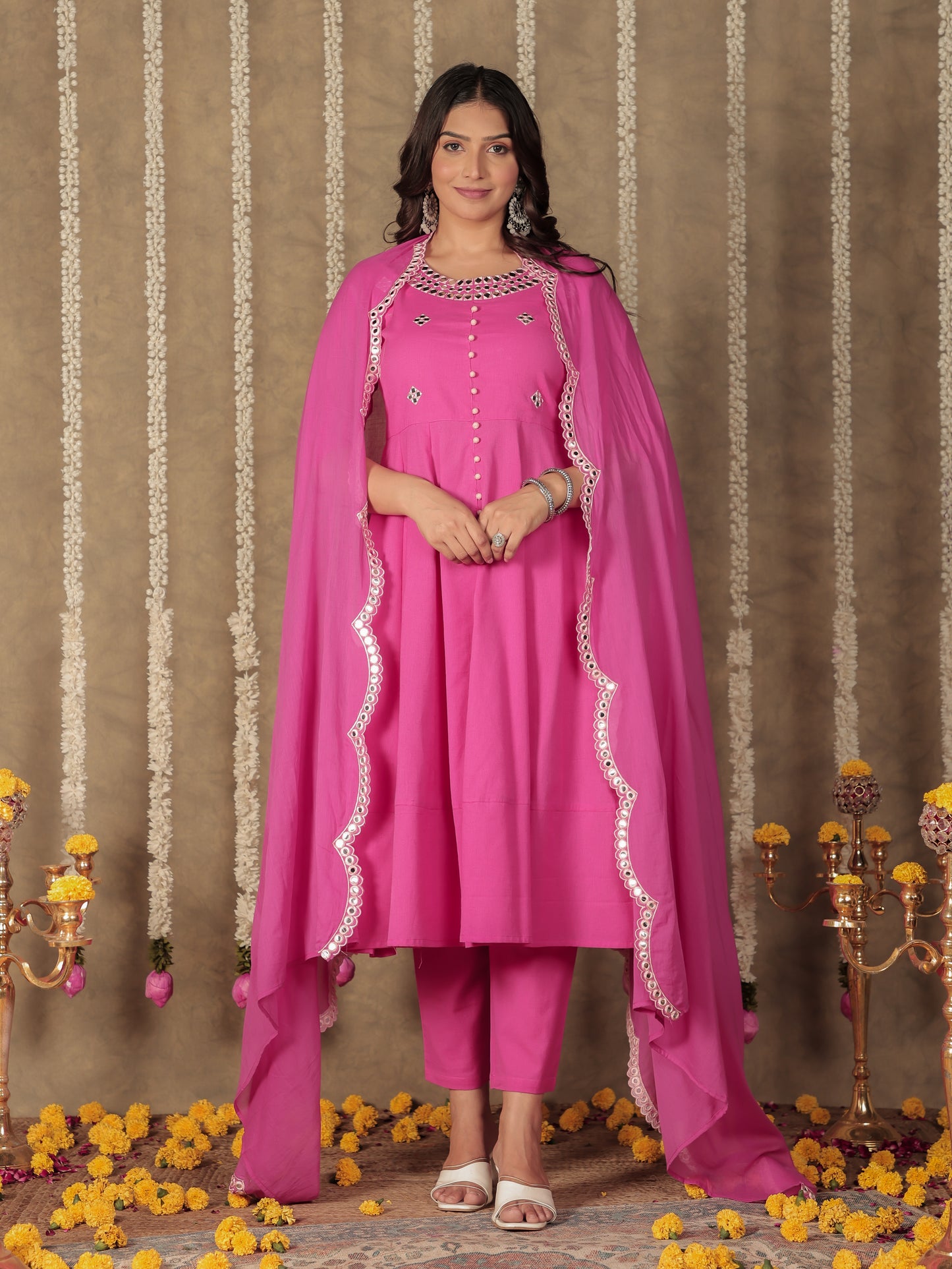 Linen Cotton Solid Anarkali Pink Kurta