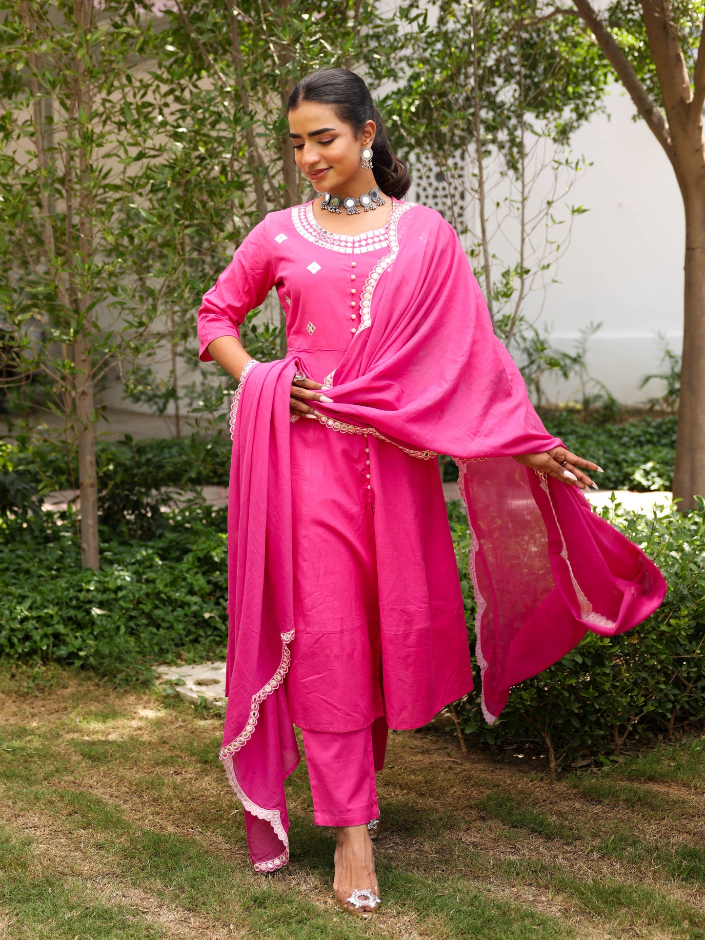 Linen Cotton Solid Anarkali Pink Kurta