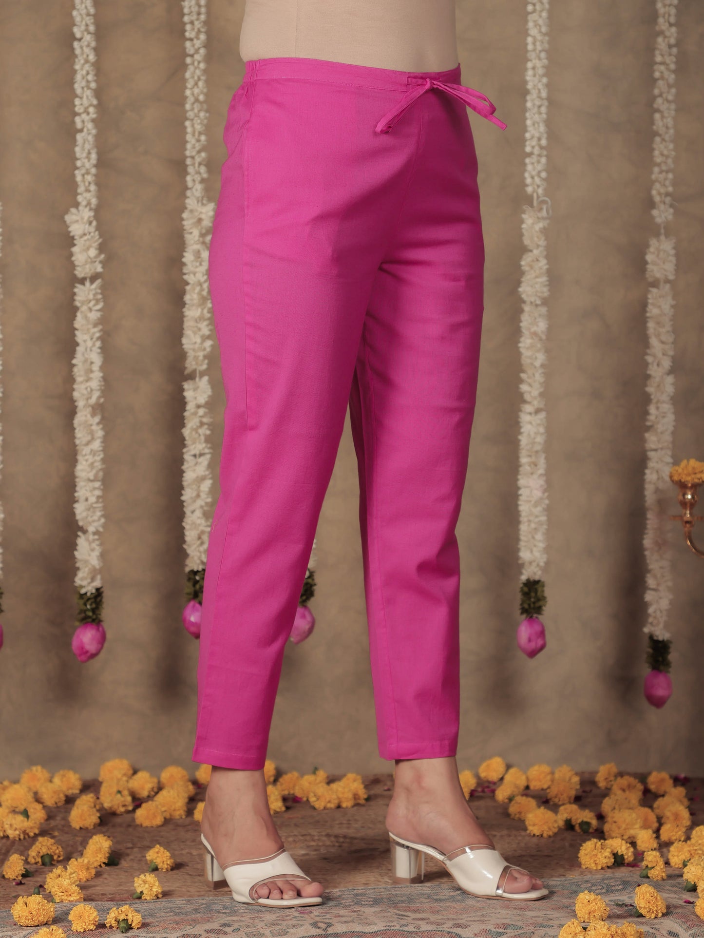 Linen Cotton Solid Pink Tapered Trousers
