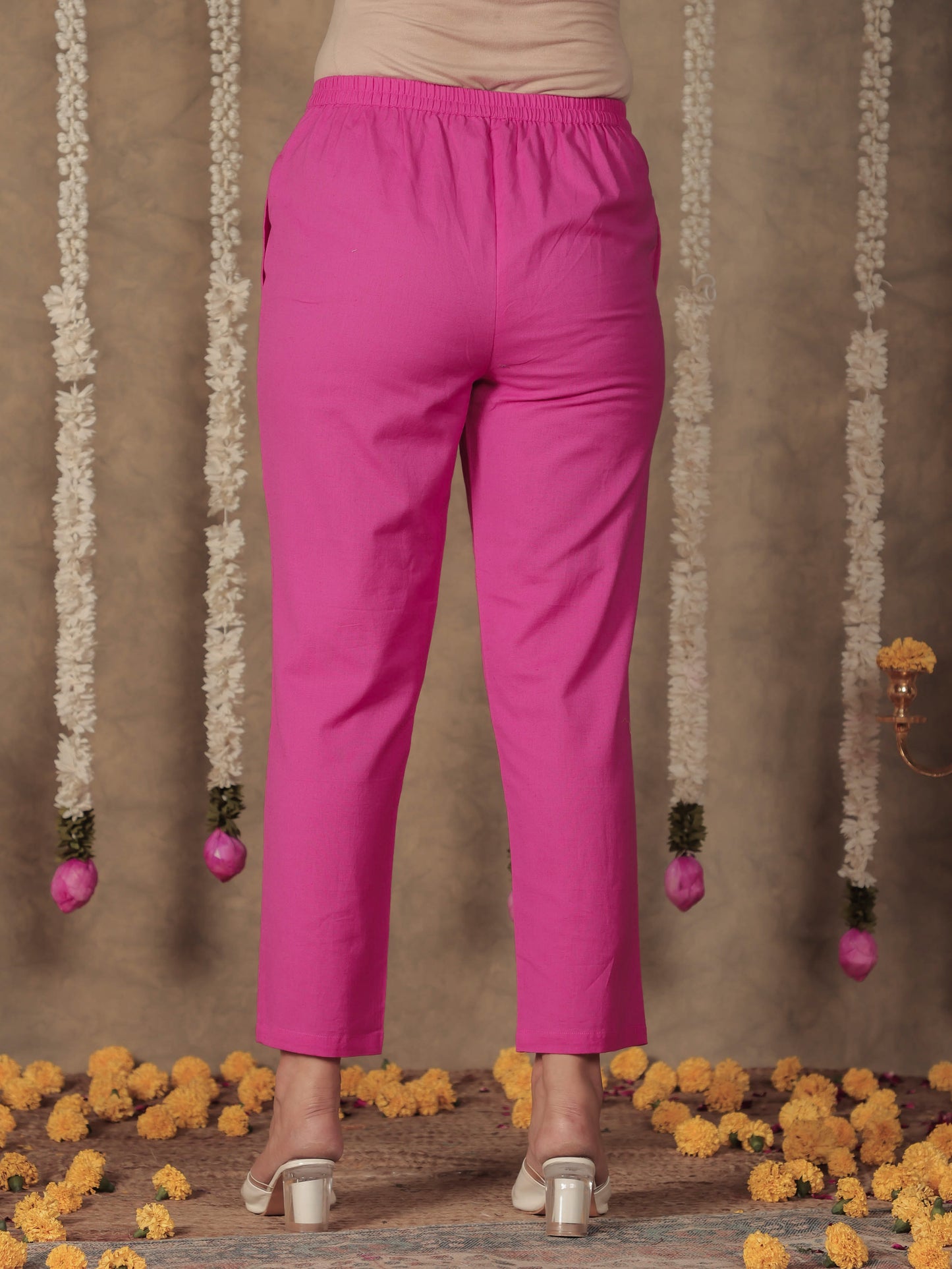 Linen Cotton Solid Pink Tapered Trousers