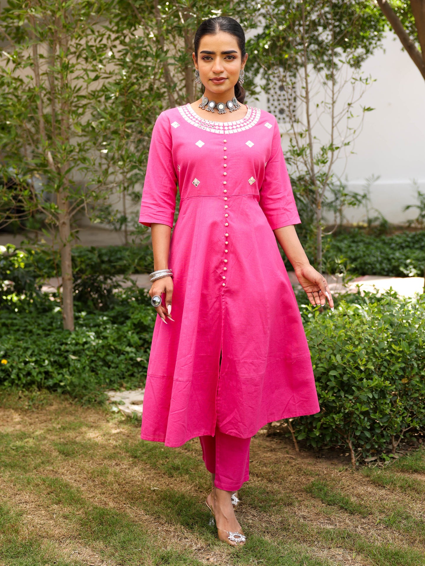 Linen Cotton Solid Anarkali Pink Kurta