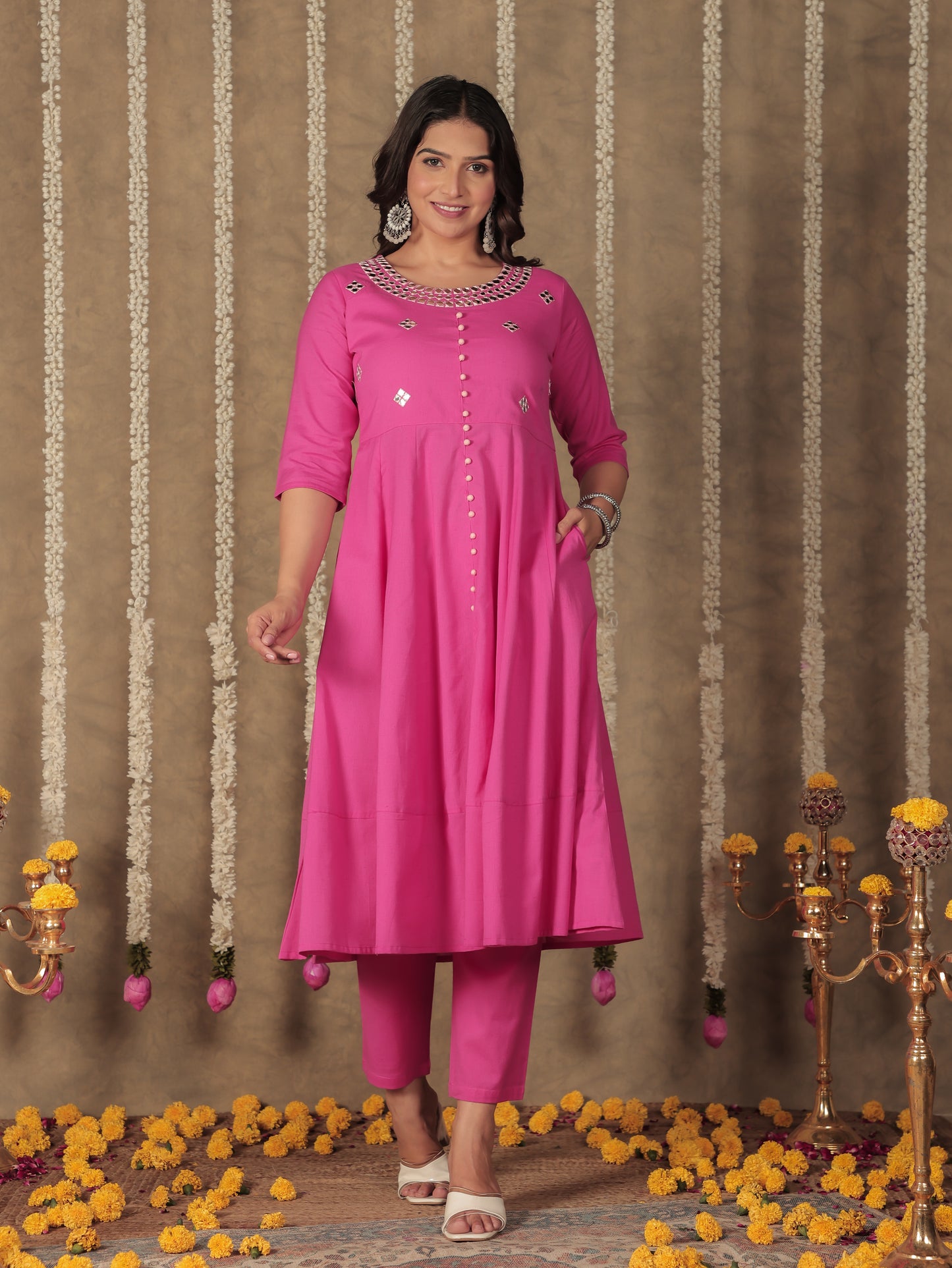 Linen Cotton Solid Anarkali Pink Kurta