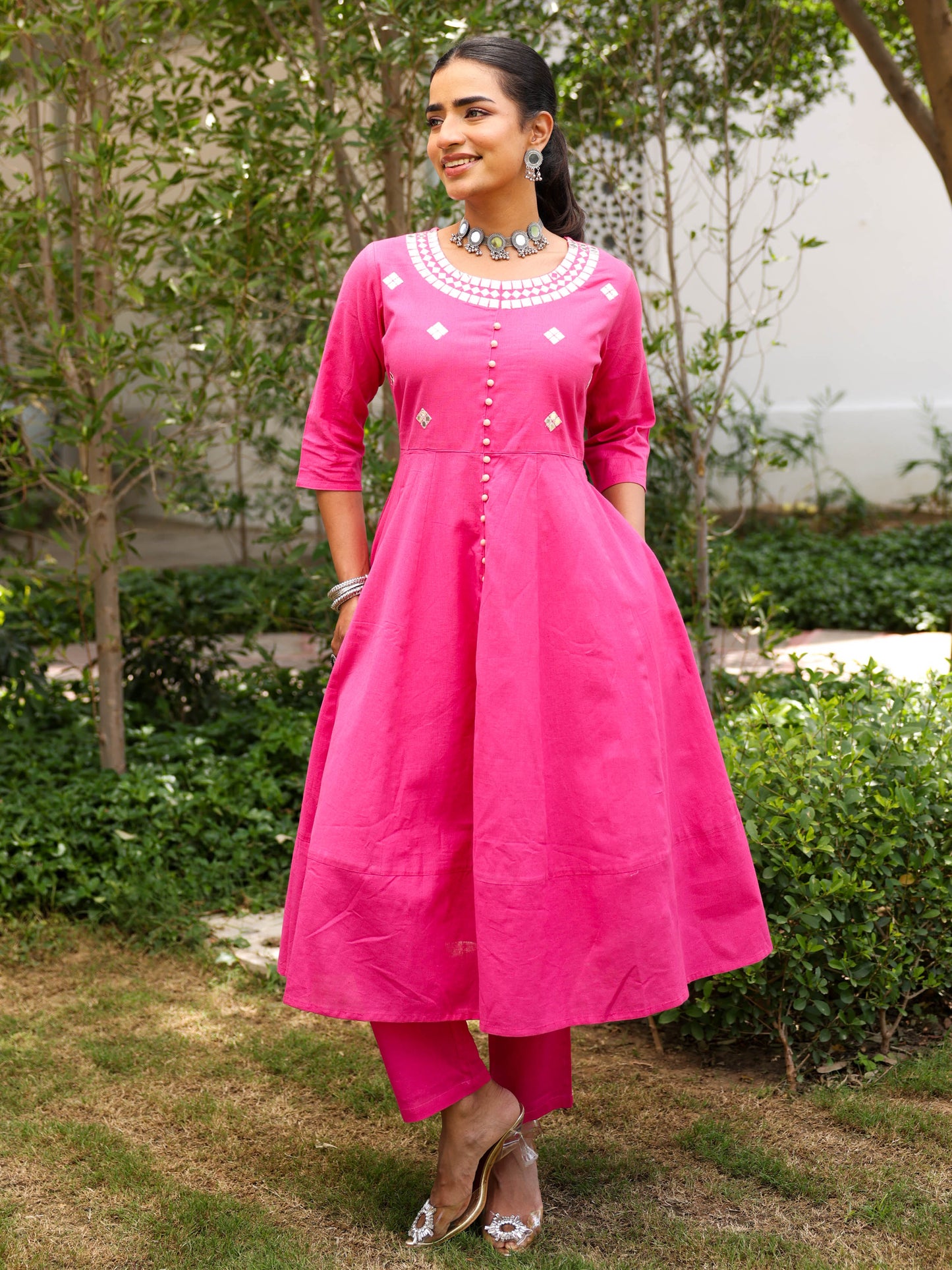 Linen Cotton Solid Anarkali Pink Kurta