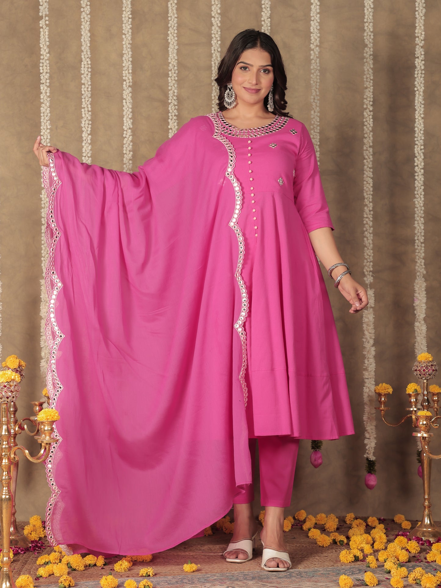 Linen Cotton Solid Anarkali Pink Kurta