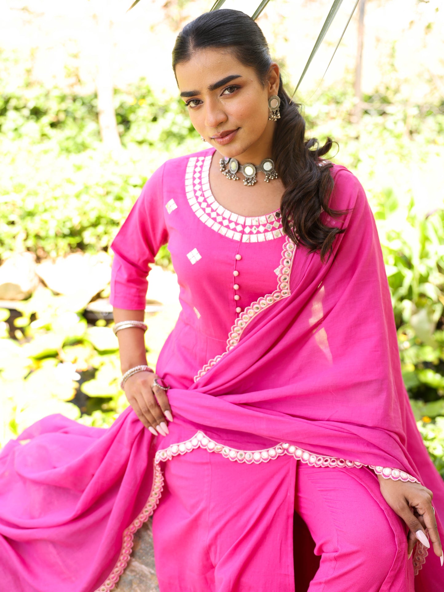 Linen Cotton Solid Anarkali Pink Kurta