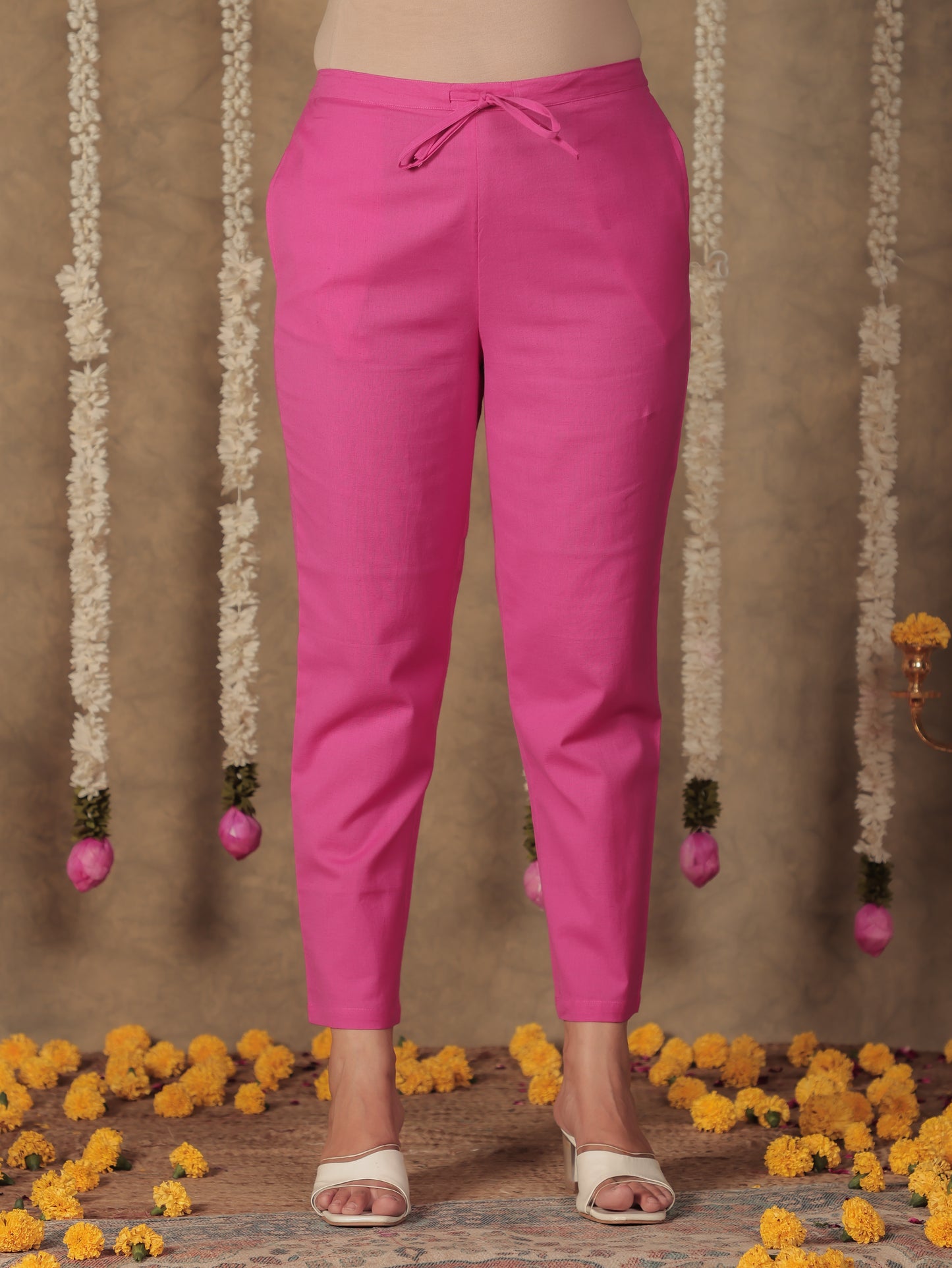 Linen Cotton Solid Anarkali Pink Kurta