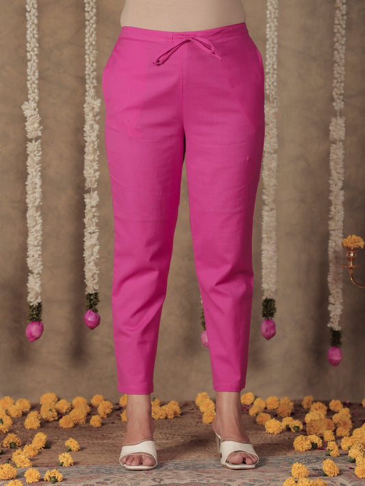 Linen Cotton Solid Pink Tapered Trousers