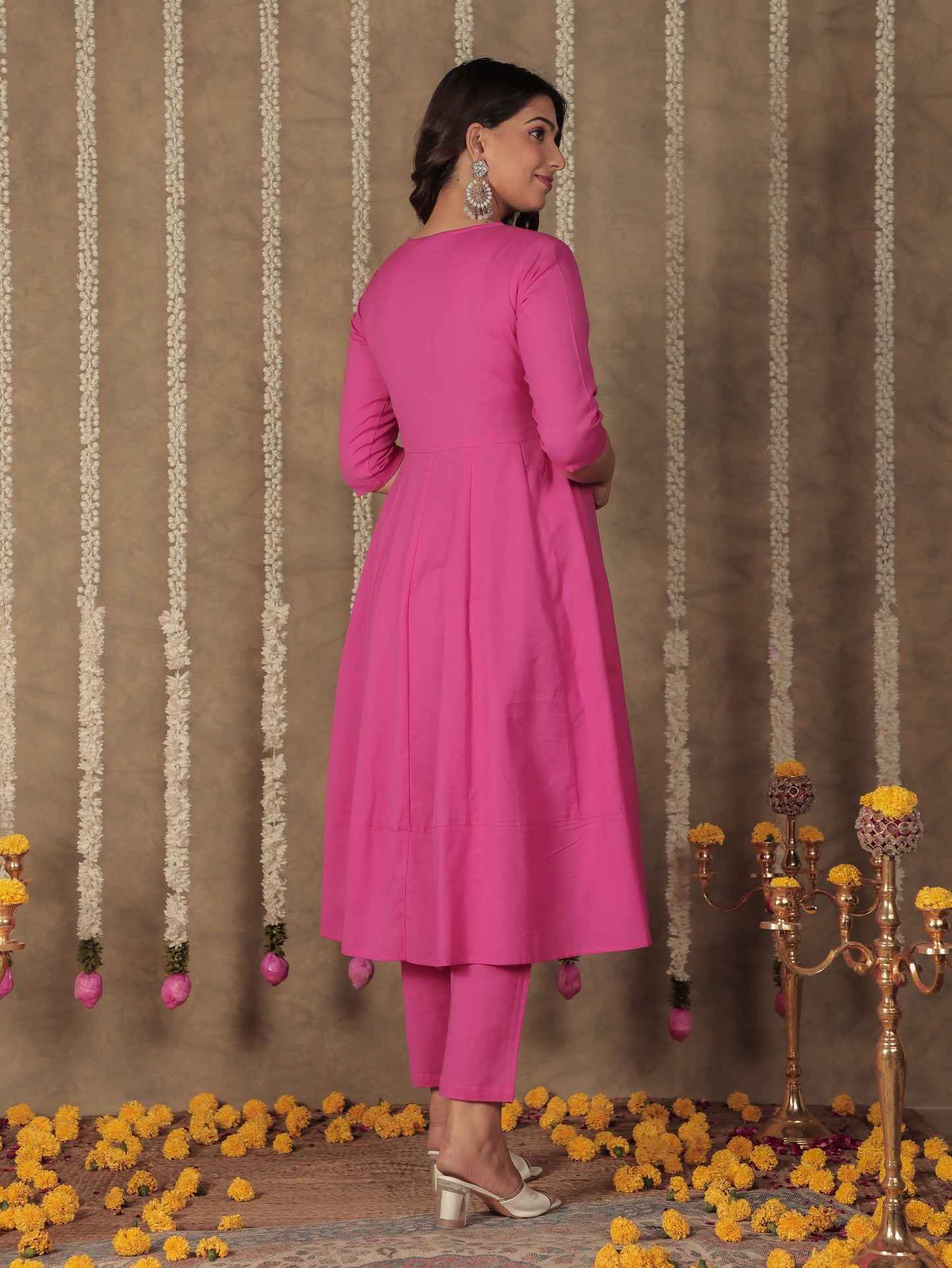 Linen Cotton Solid Anarkali Pink Kurta