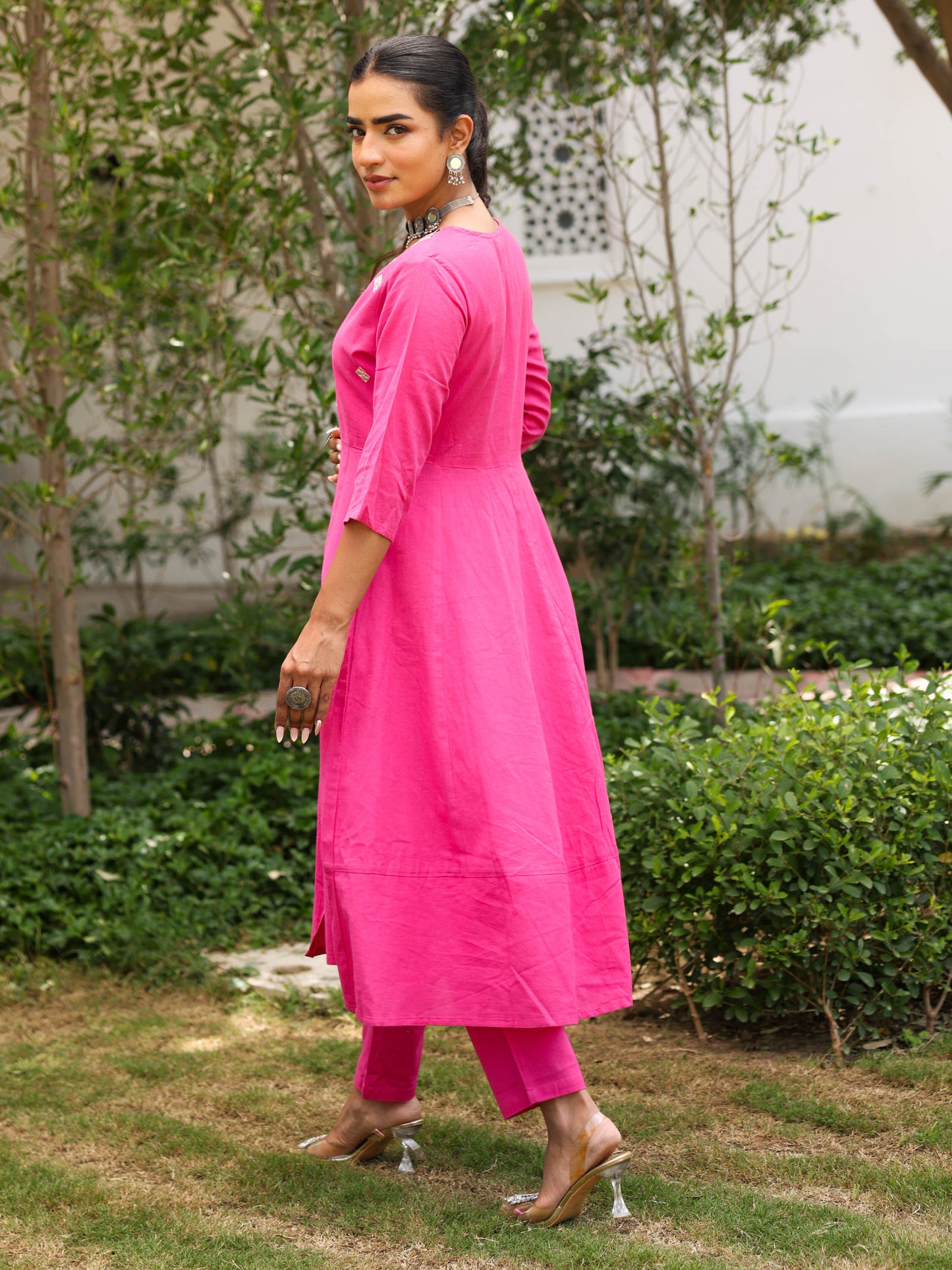 Linen Cotton Solid Anarkali Pink Kurta