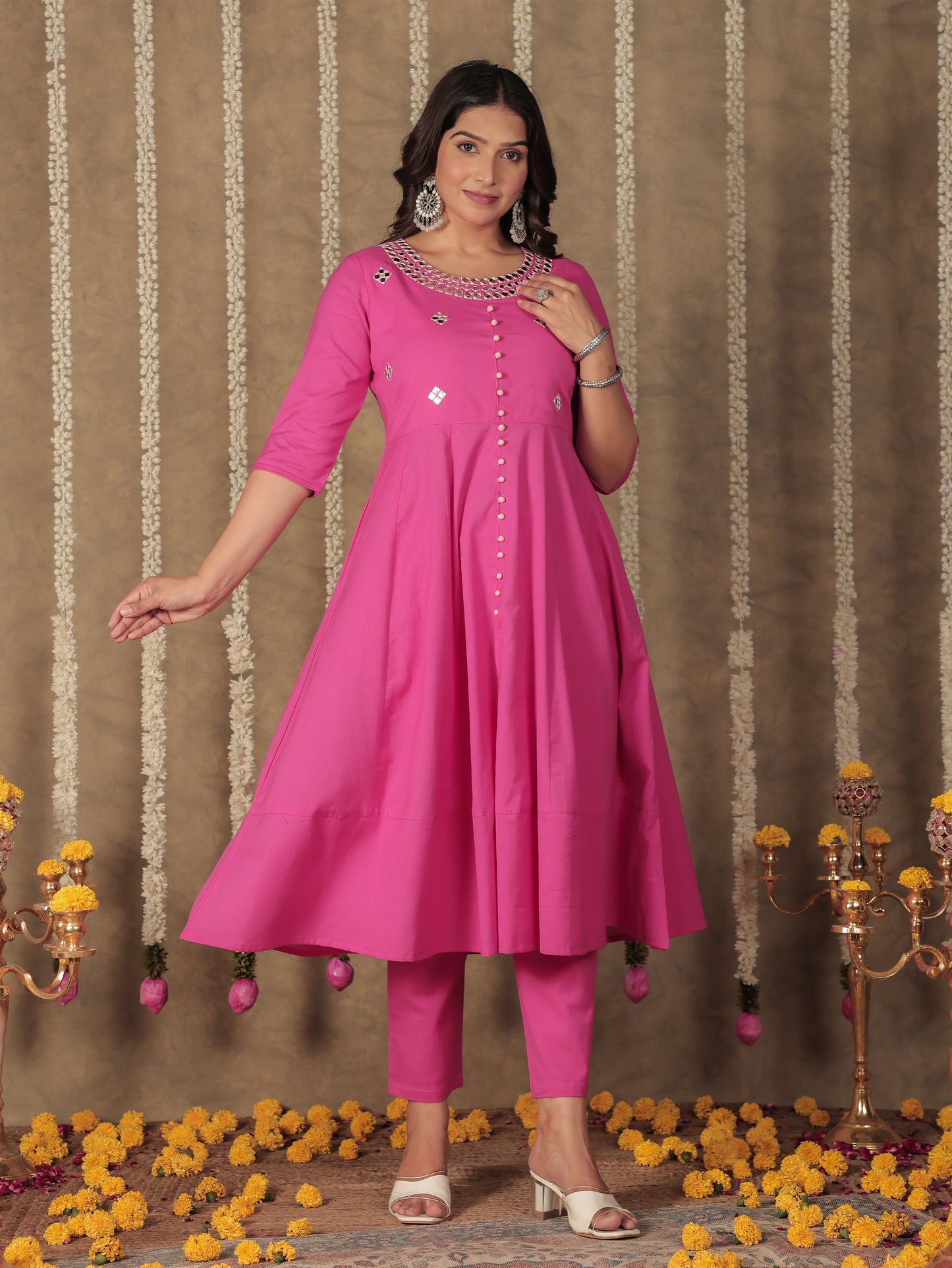 Linen Cotton Solid Anarkali Pink Kurta