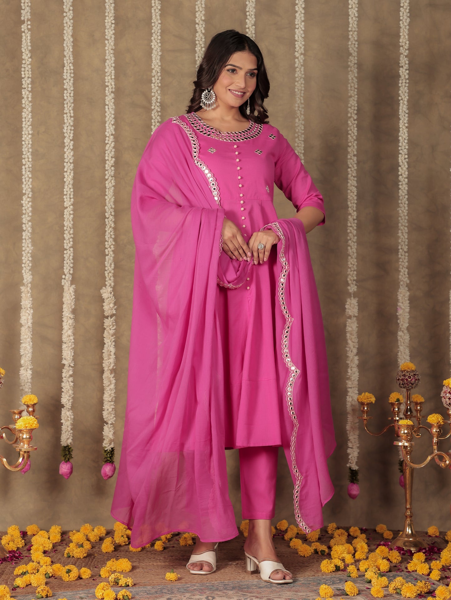 Linen Cotton Solid Anarkali Pink Kurta