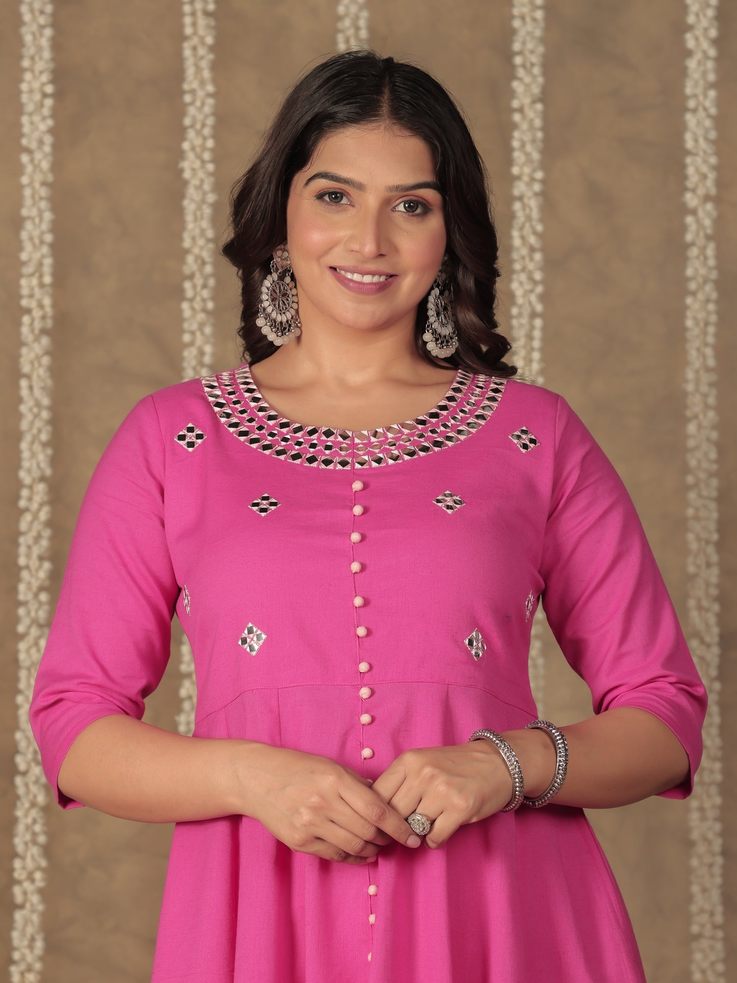 Linen Cotton Solid Anarkali Pink Kurta
