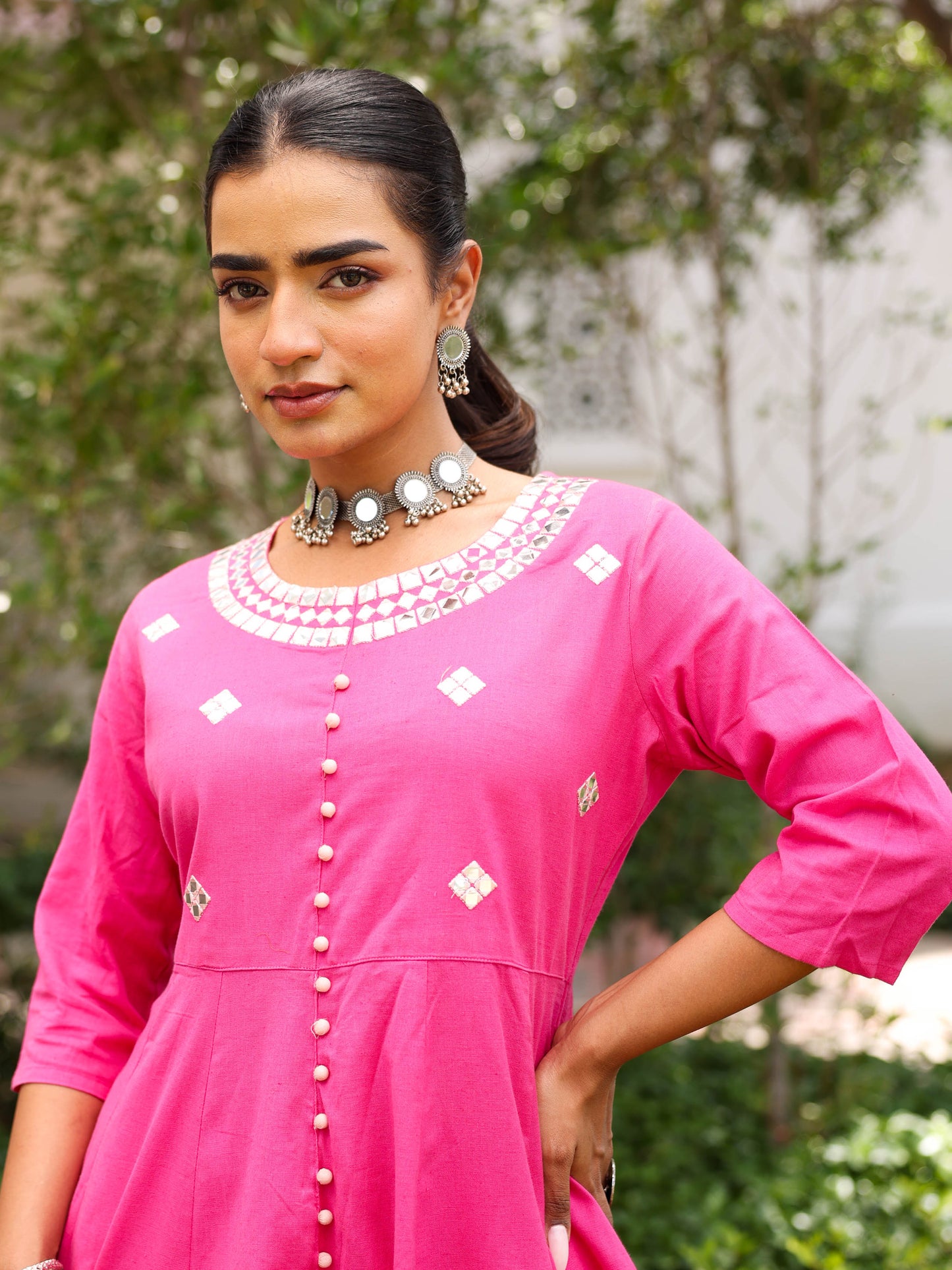 Linen Cotton Solid Anarkali Pink Kurta