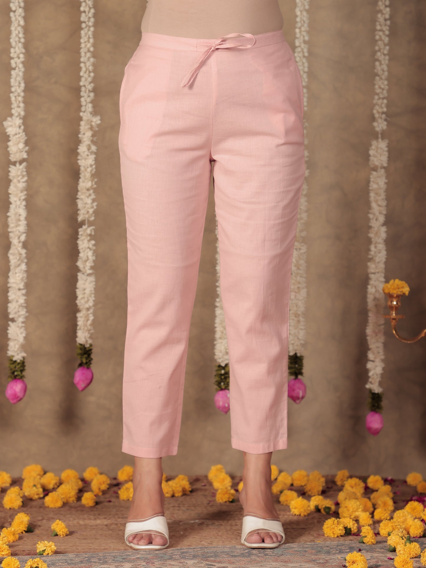 Soft Cotton Solid Pink Tapered Trousers
