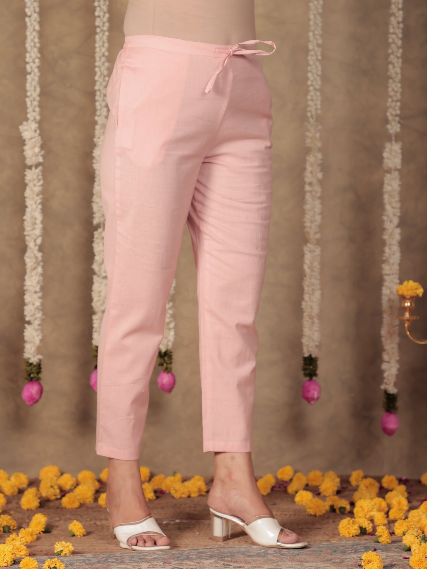 Soft Cotton Solid Pink Tapered Trousers