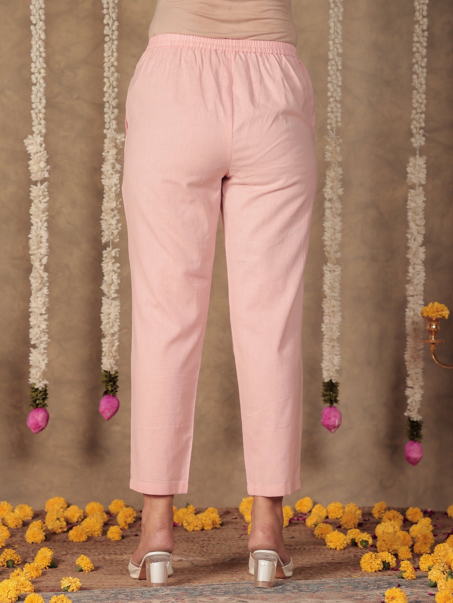 Soft Cotton Solid Pink Tapered Trousers