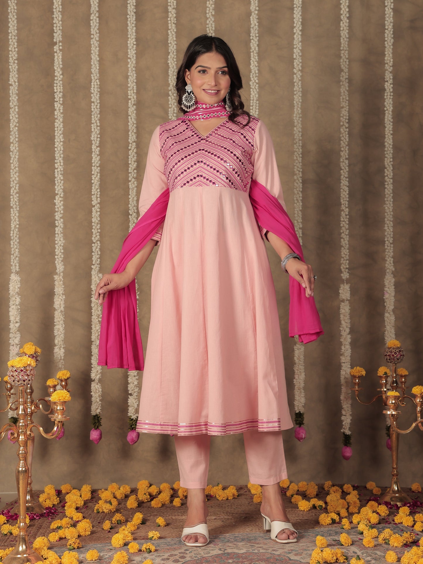 Embroidered Soft Cotton Solid Anarkali Pink Kurta