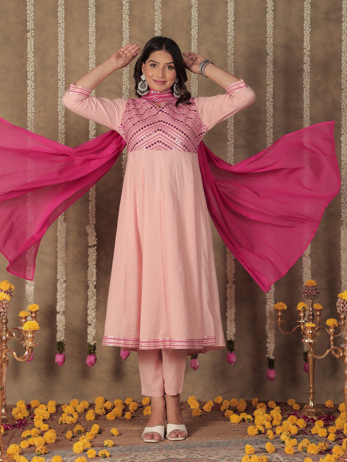 Embroidered Soft Cotton Solid Anarkali Pink Kurta