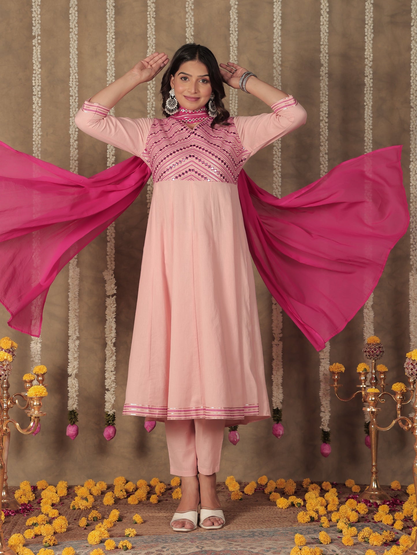 Embroidered Soft Cotton Solid Anarkali Pink Kurta