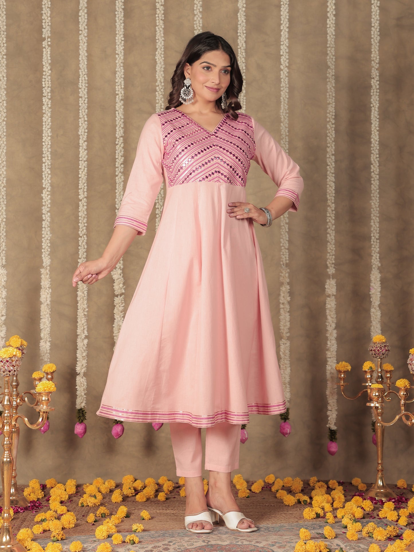 Embroidered Soft Cotton Solid Anarkali Pink Kurta