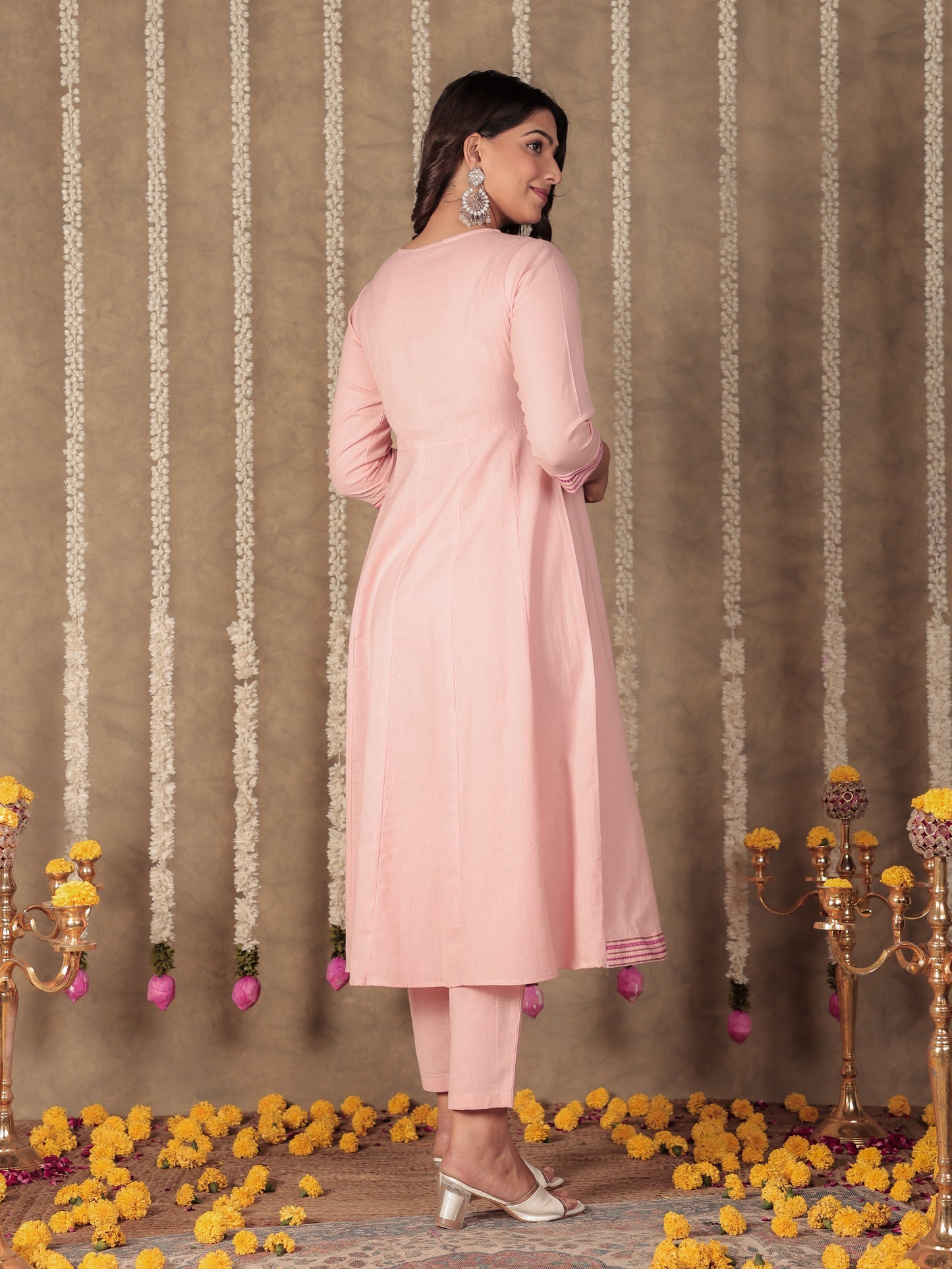 Embroidered Soft Cotton Solid Anarkali Pink Kurta