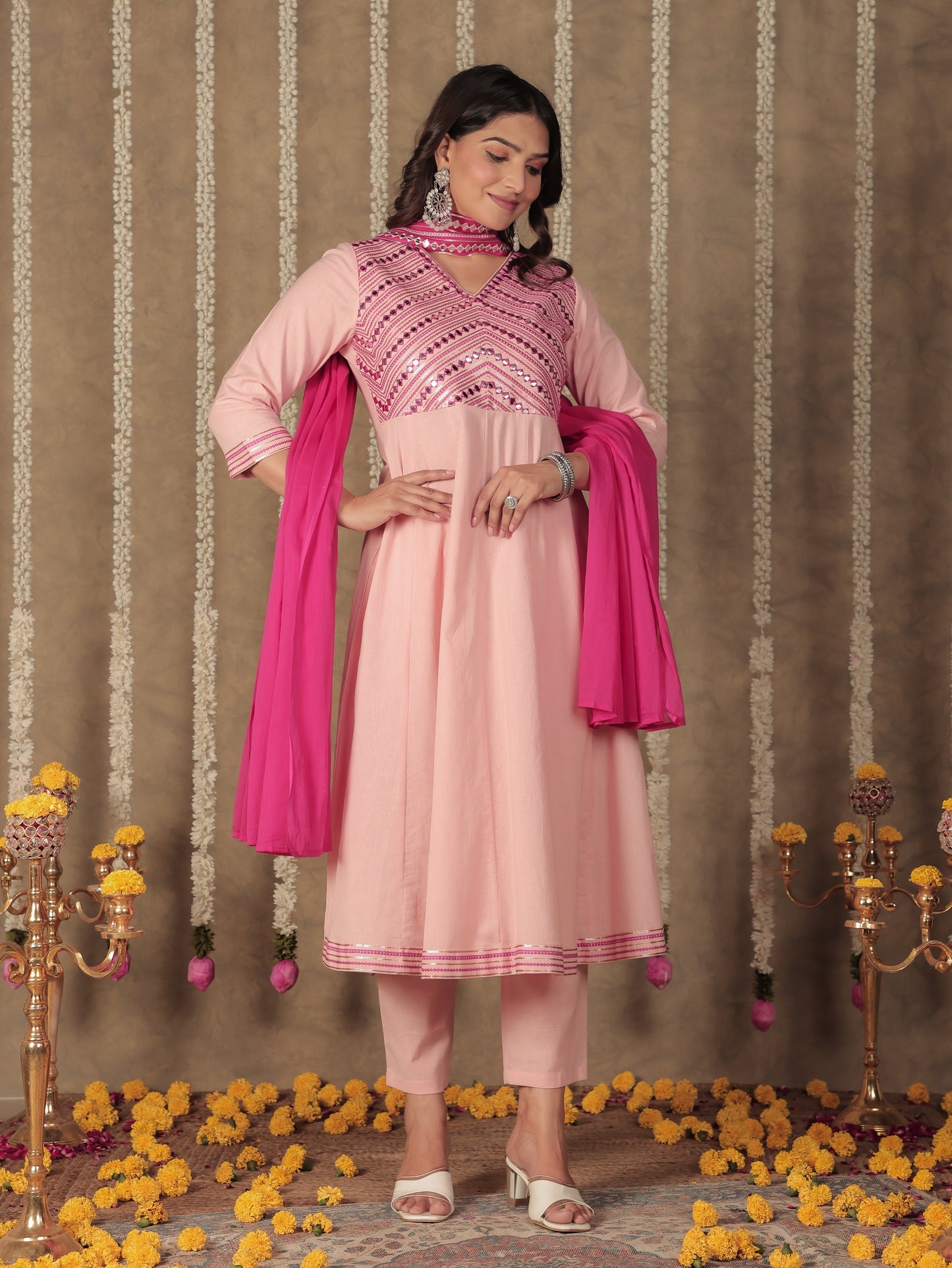 Embroidered Soft Cotton Solid Anarkali Pink Kurta