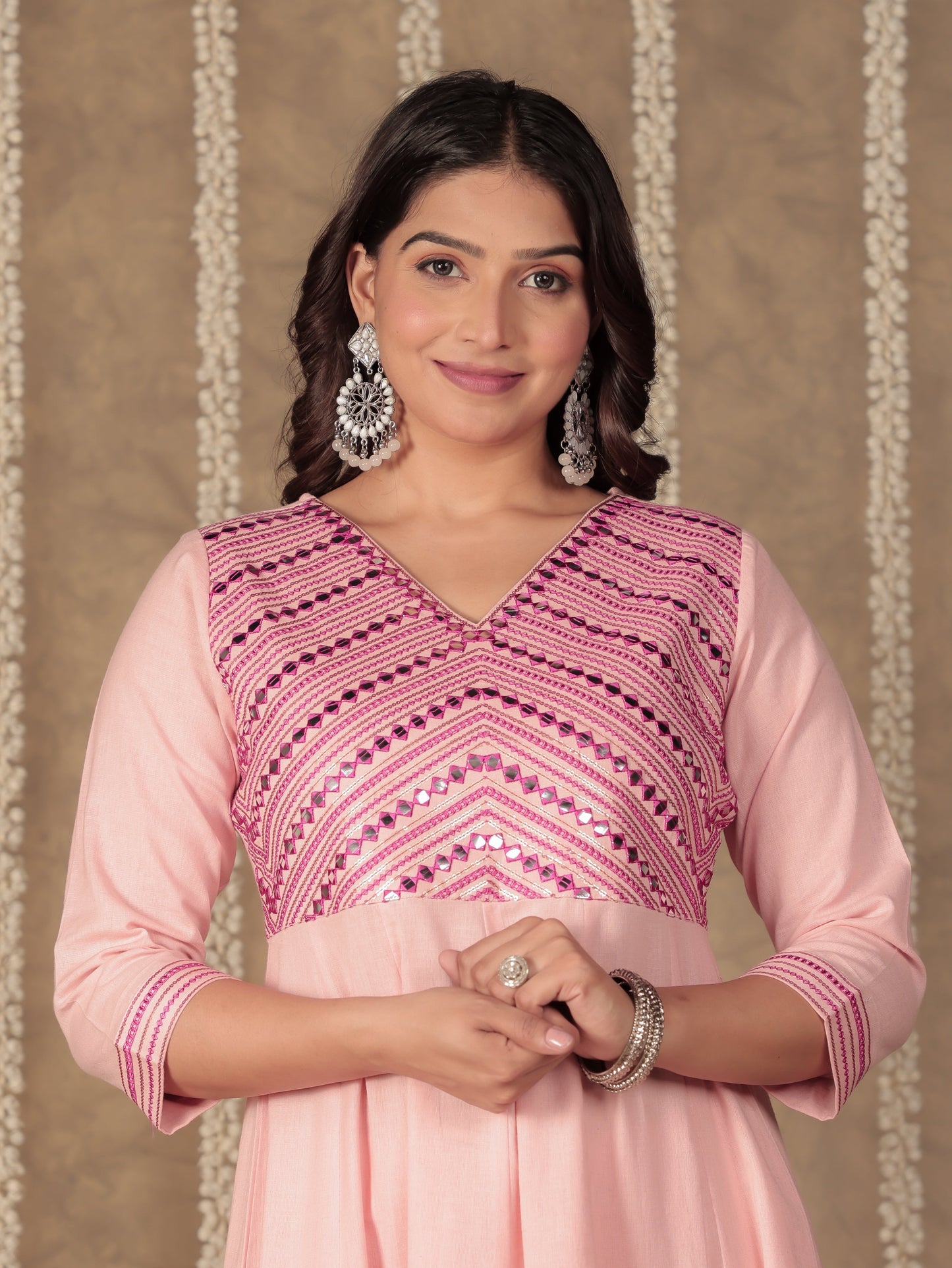 Embroidered Soft Cotton Solid Anarkali Pink Kurta
