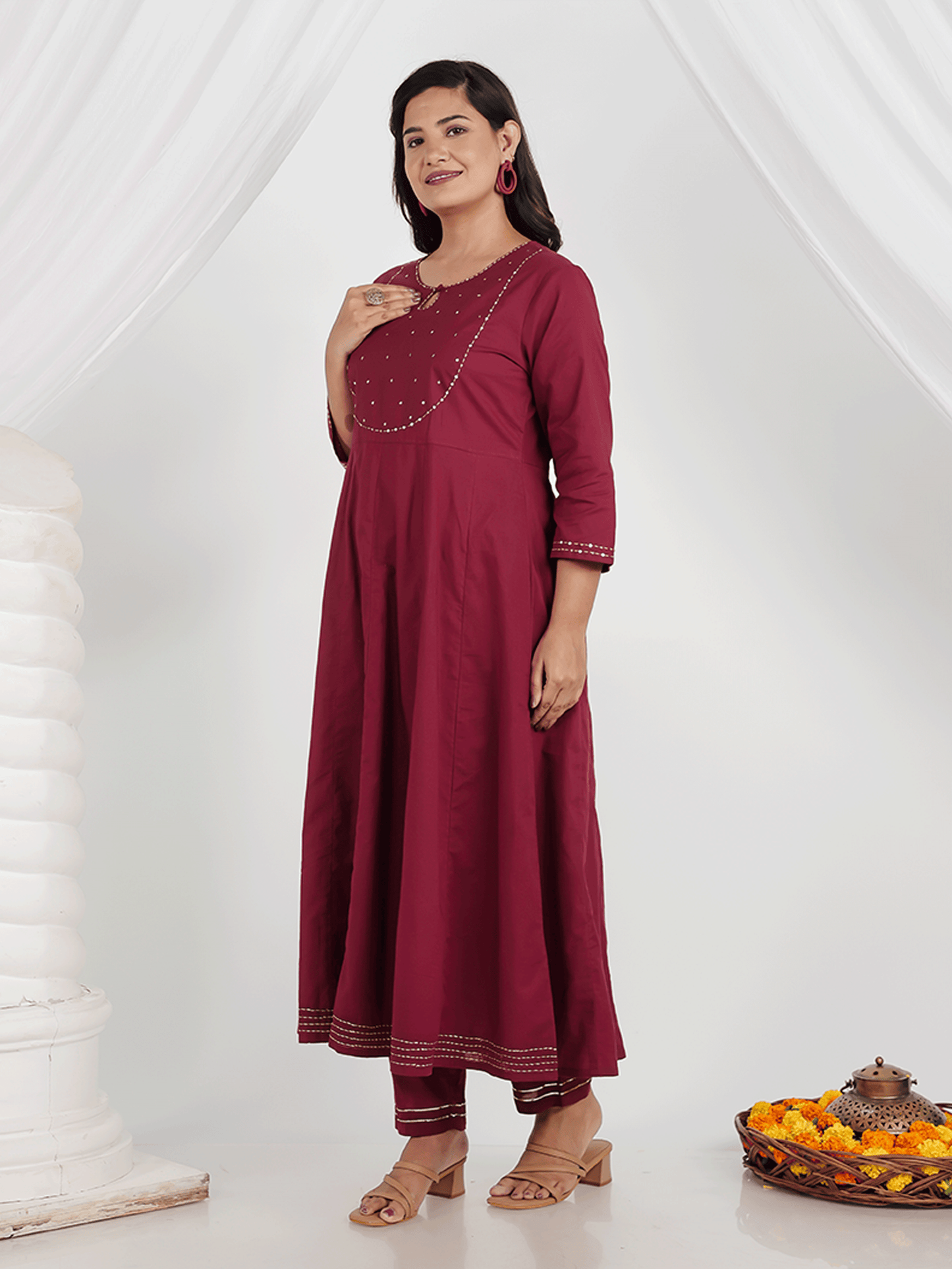 Embroidered Soft Cotton Solid Anarkali Maroon Kurta