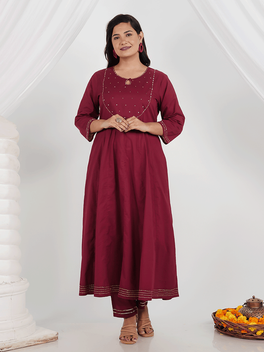 Embroidered Soft Cotton Solid Anarkali Maroon Kurta