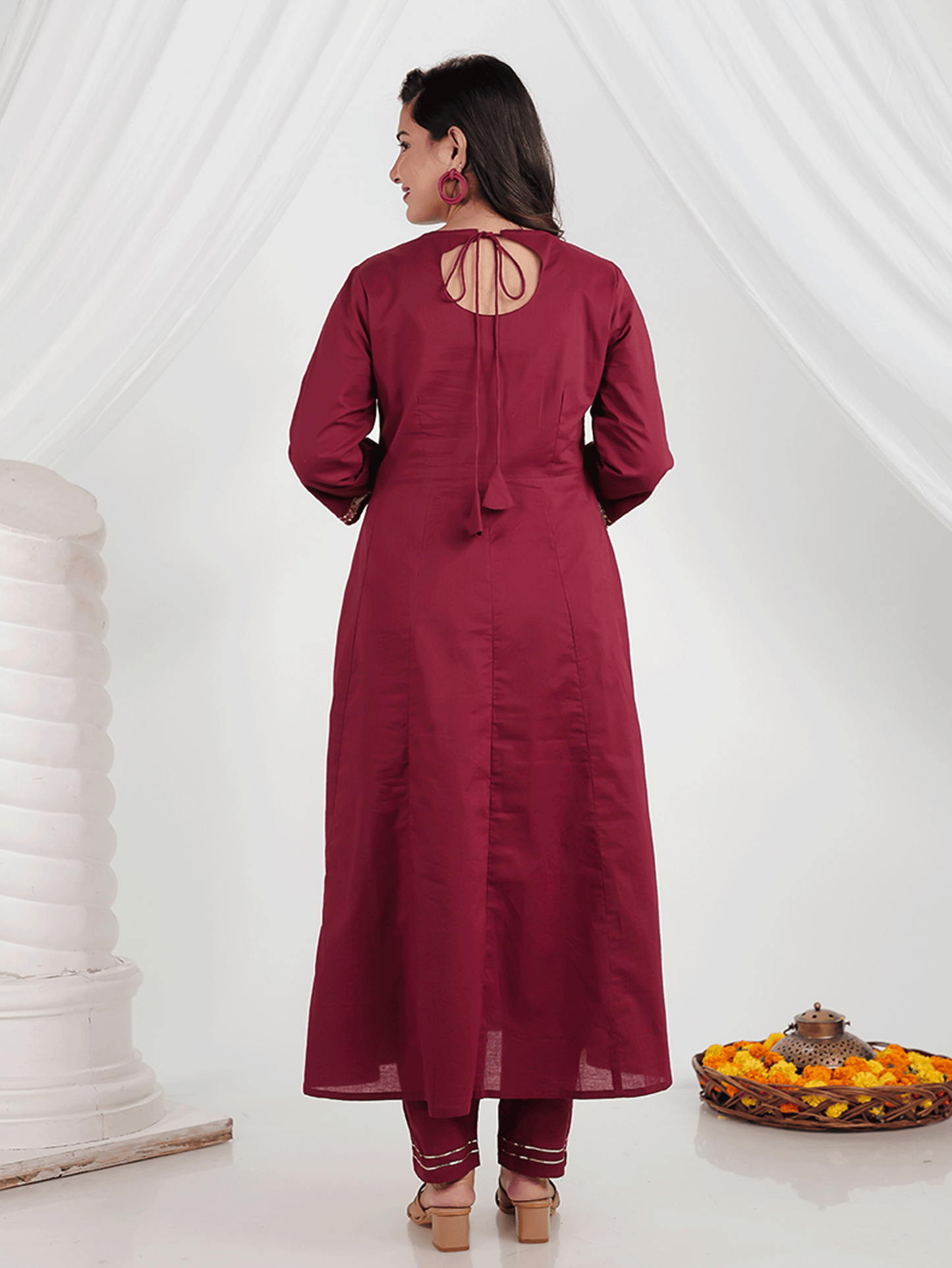 Embroidered Soft Cotton Solid Anarkali Maroon Kurta