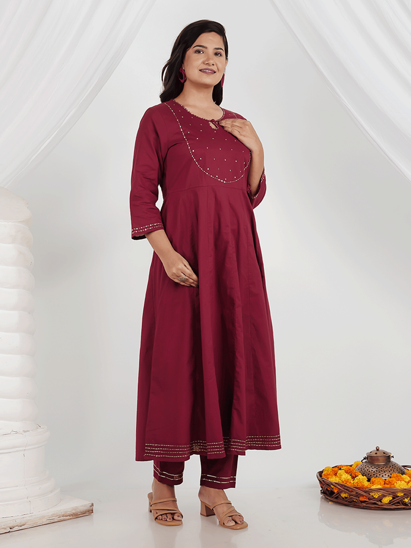 Embroidered Soft Cotton Solid Anarkali Maroon Kurta