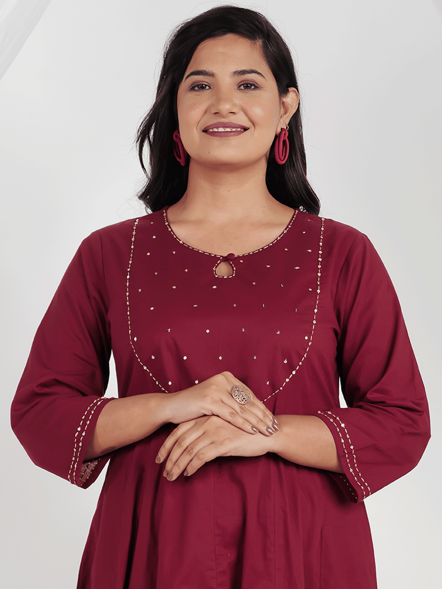 Embroidered Soft Cotton Solid Anarkali Maroon Kurta