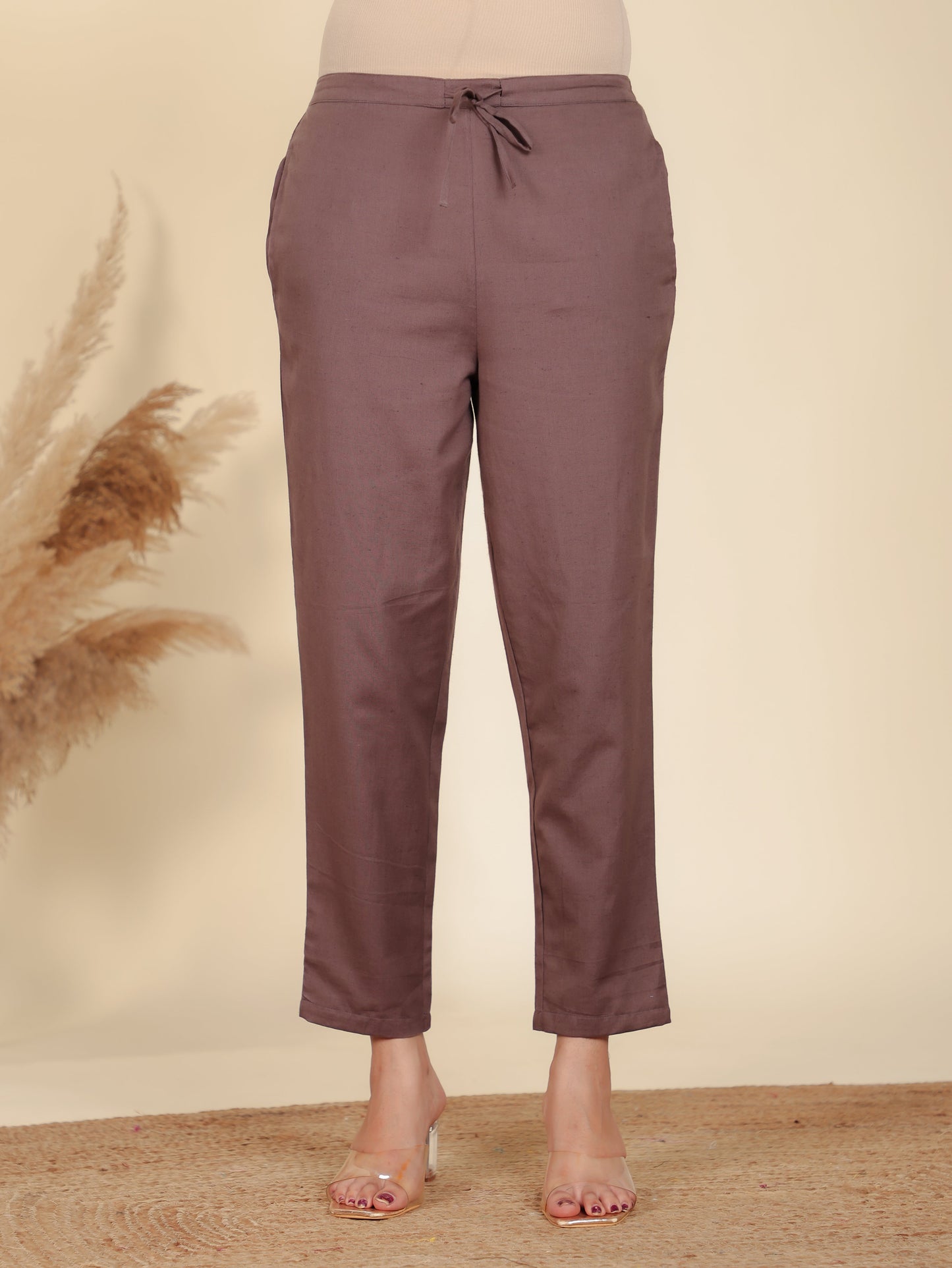 Soft Cotton Solid Brown Tapered Trousers