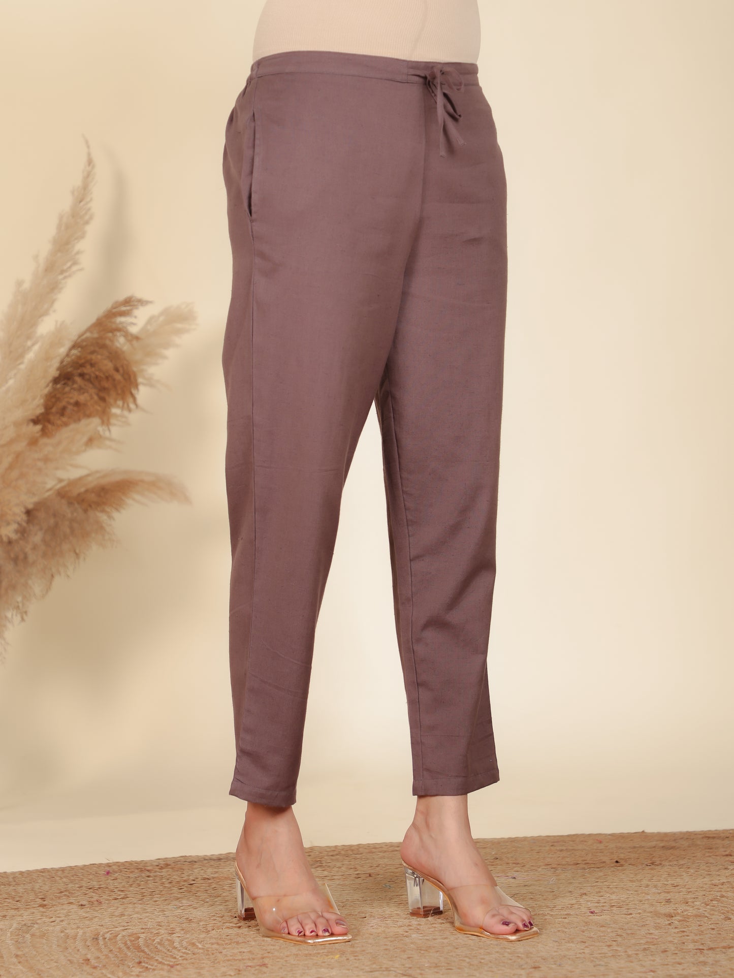 Soft Cotton Solid Brown Tapered Trousers