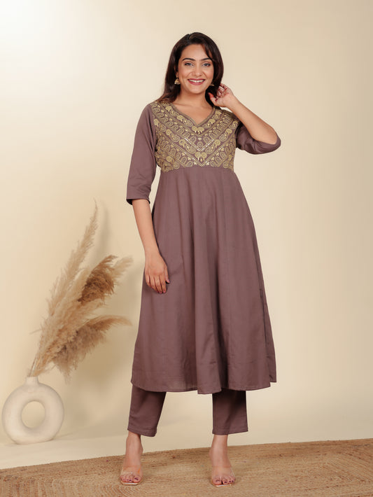 Soft Cotton Solid Anarkali Brown Kurta