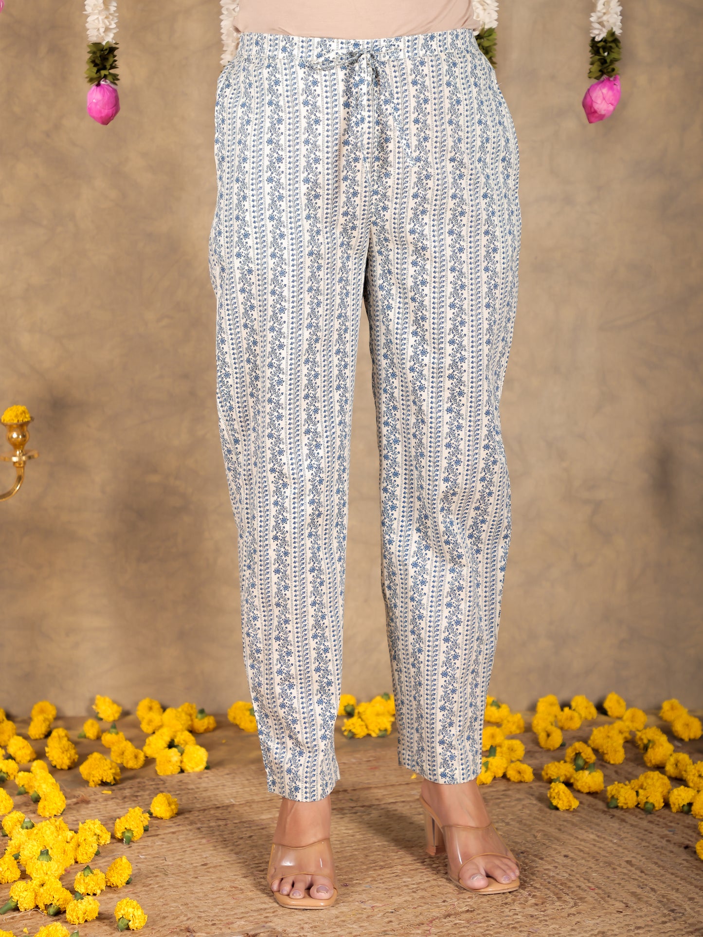 Soft Cotton Striped Off White Tapered Trousers
