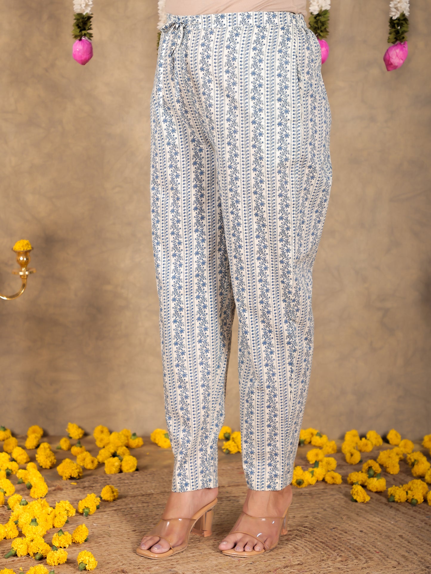 Soft Cotton Striped Off White Tapered Trousers