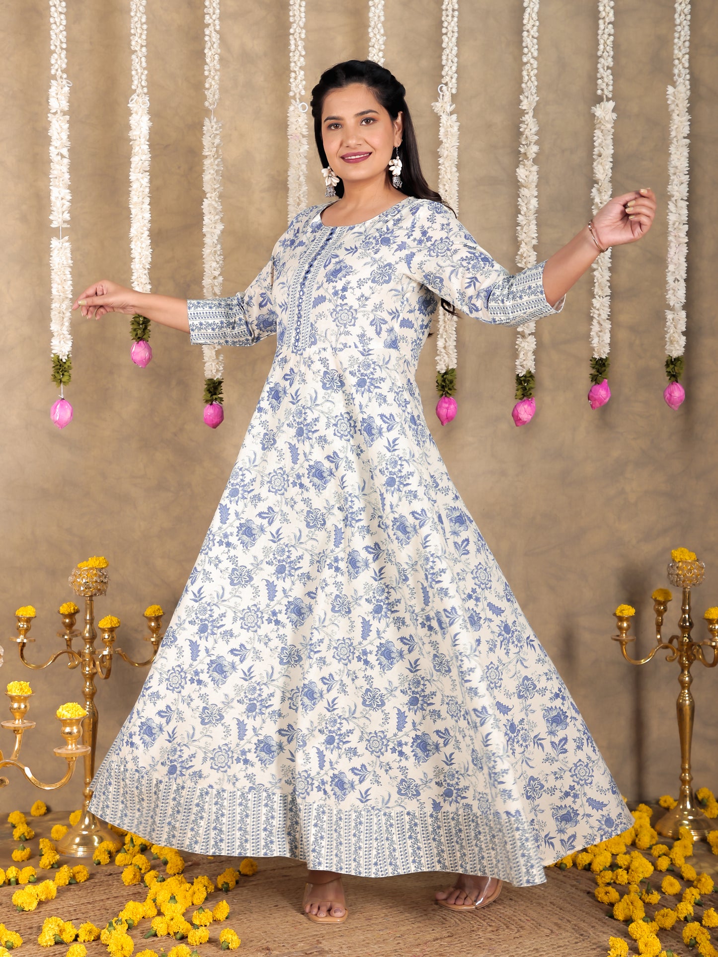 Embroidered Soft Cotton Floral Anarkali Off White Dress