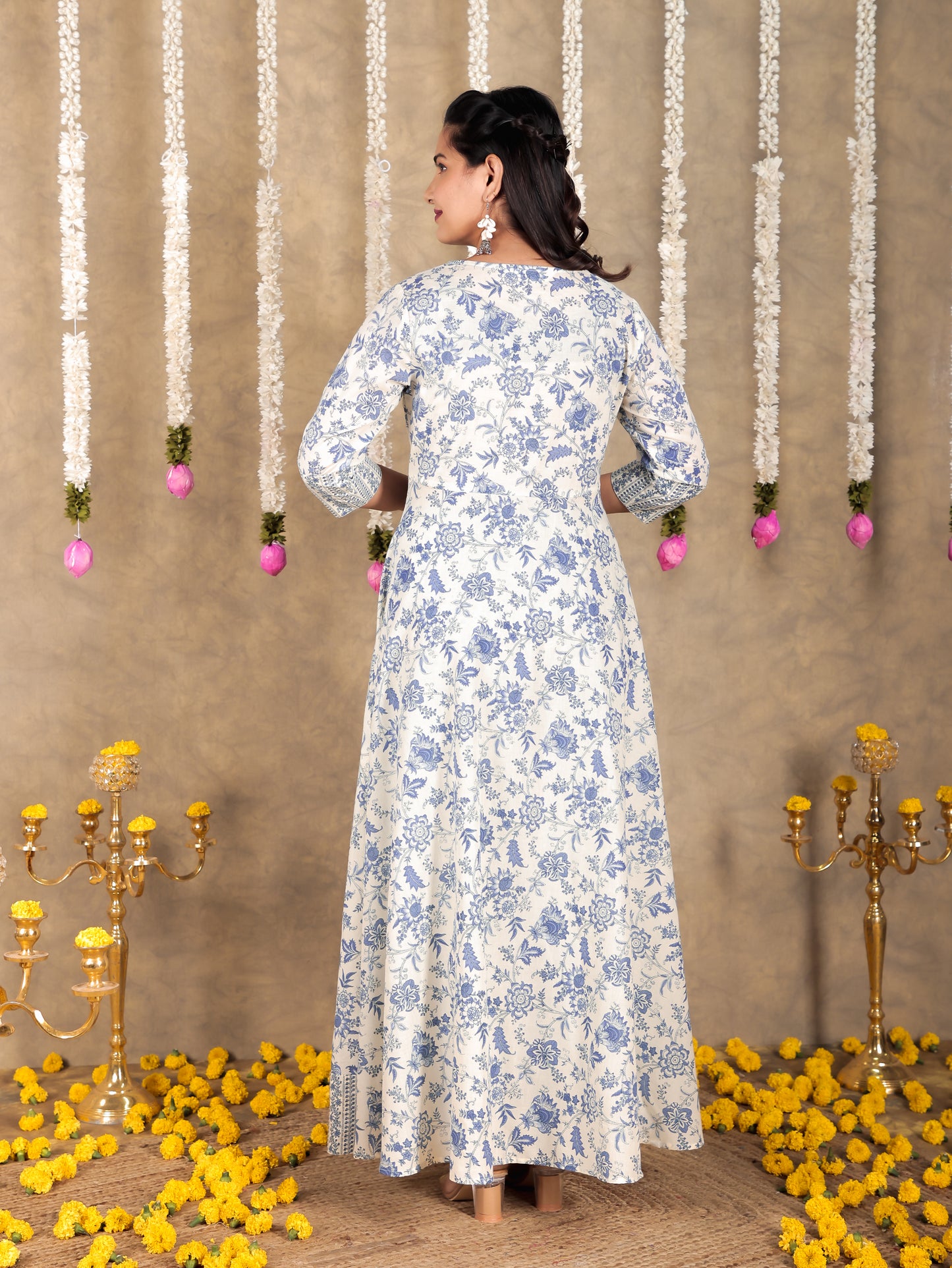 Embroidered Soft Cotton Floral Anarkali Off White Dress