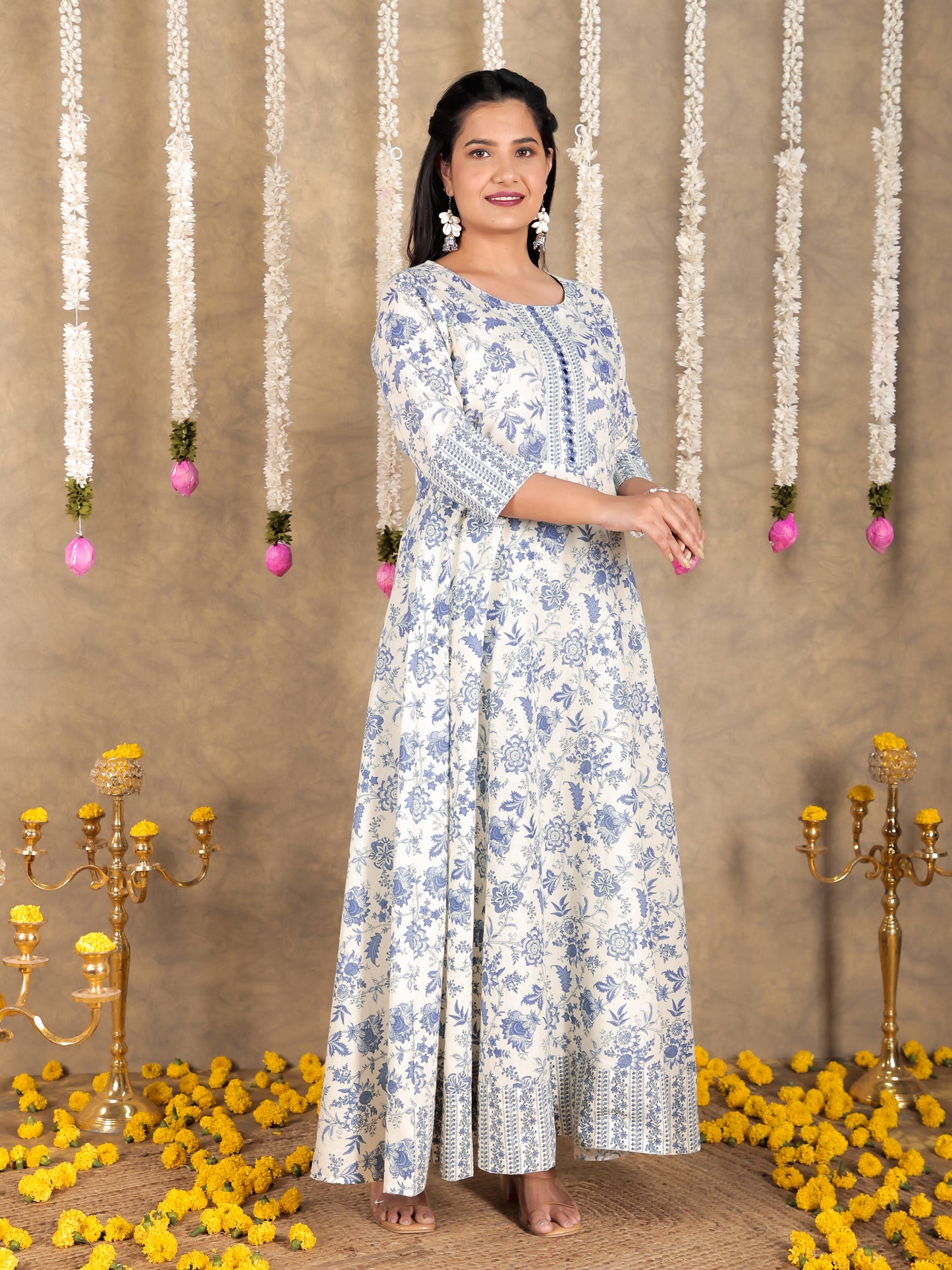 Embroidered Soft Cotton Floral Anarkali Off White Dress