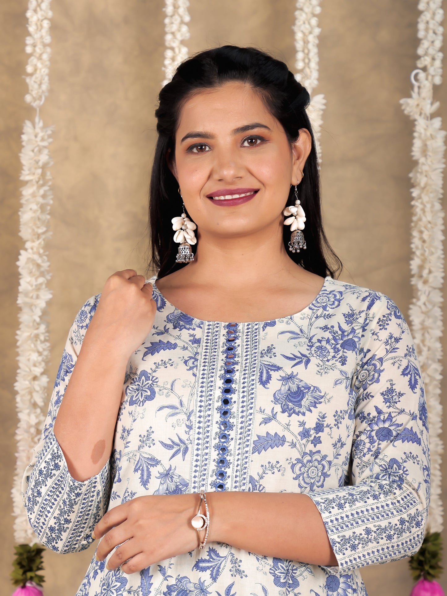 Soft Cotton Floral Anarkali Off White Dress