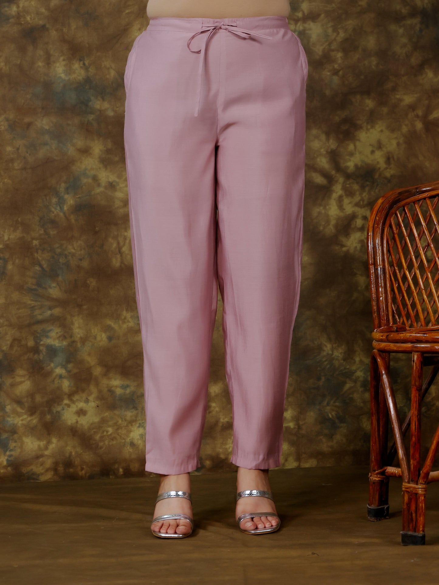 Blended Silk Solid Pink Tapered Trousers