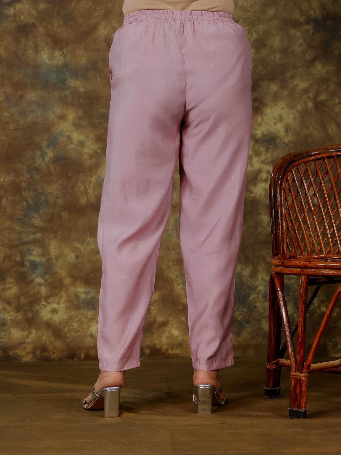 Blended Silk Solid Pink Tapered Trousers