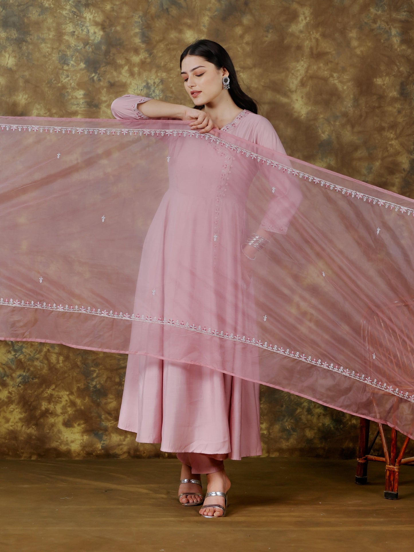 Embroidered Organza Solid Pink Dupatta